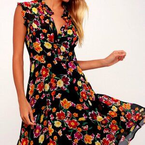 Lulus Orchard Views Black Floral Print Ruffled Midi Dress - Size Small
